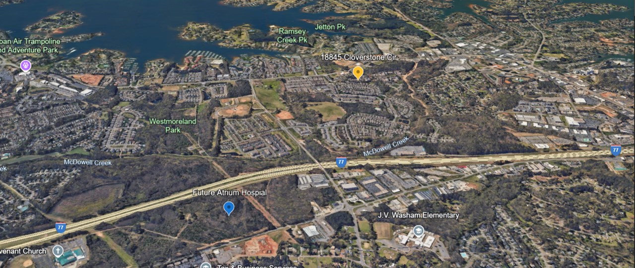 map of area with condo, future hospital and lake norman