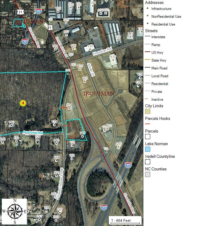 aerial view of property.  acreage for sell is part of a larger tract of land iredell county's gis map aerial view of property.  the land listed is part of a larger tract of land and joins an existing car dealership.  great tract of land near i77 and easy access on and off i77.  at this same interchange is now a lowes home improvement store, bojangles, wendys, mcdonalds, arbys, auto zone, sheets, and truck stop.